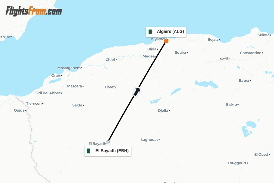 Flights from El Bayadh to Algiers route map