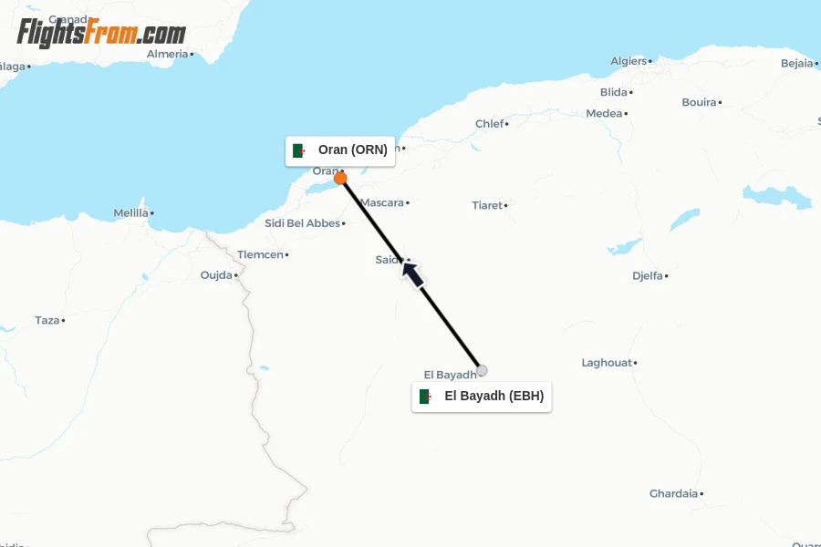 Flights from El Bayadh to Oran route map