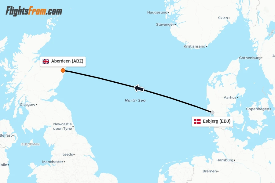 Flights from Esbjerg to Aberdeen route map