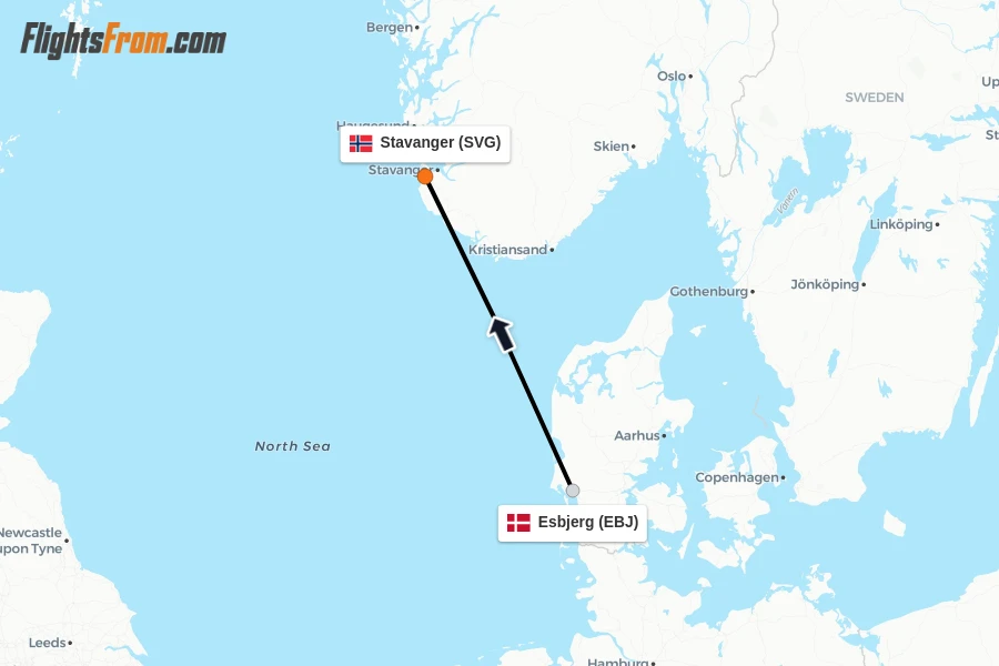 Flights from Esbjerg to Stavanger route map