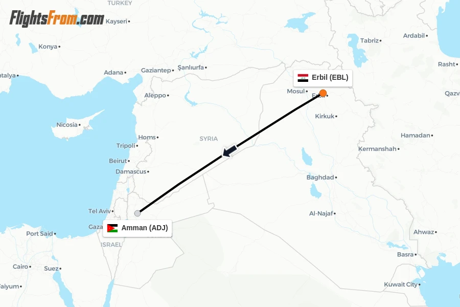 Flights from Erbil to Amman route map