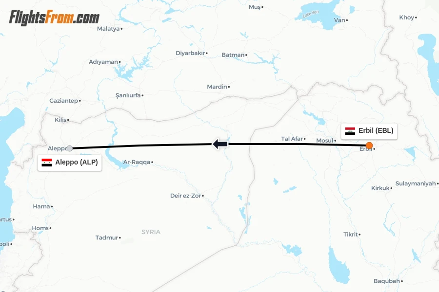 Flights from Erbil to Aleppo route map