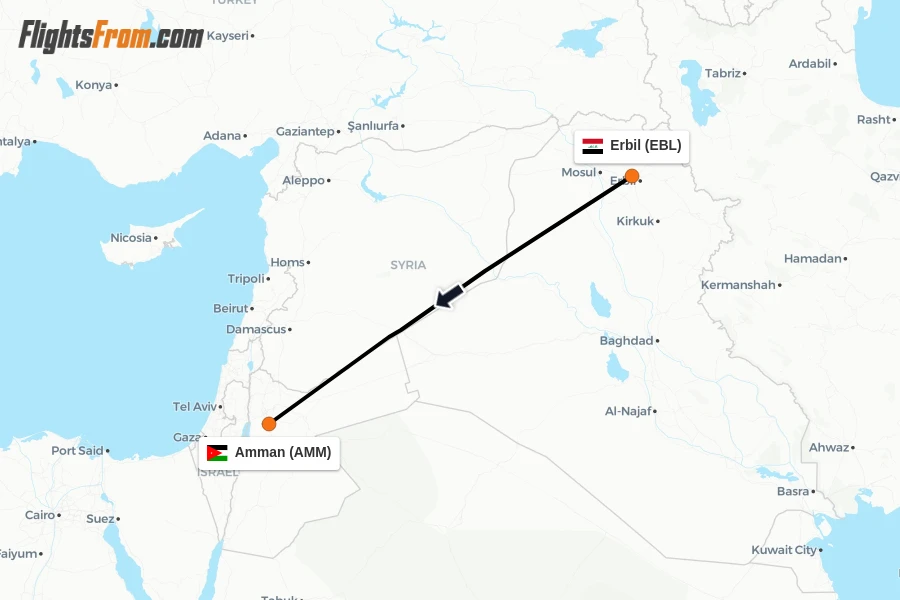 Flights from Erbil to Amman route map