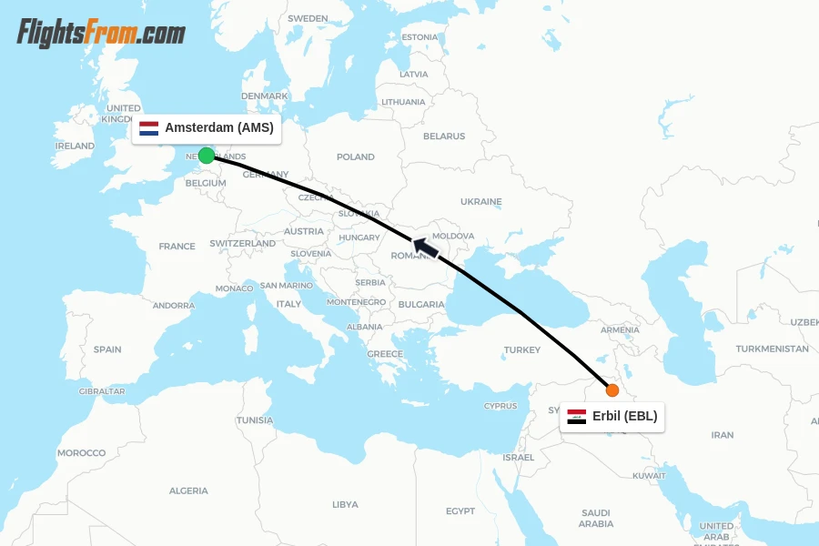 Flights from Erbil to Amsterdam route map
