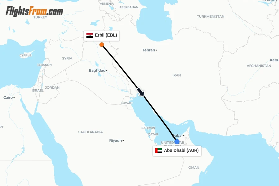 Flights from Erbil to Abu Dhabi route map