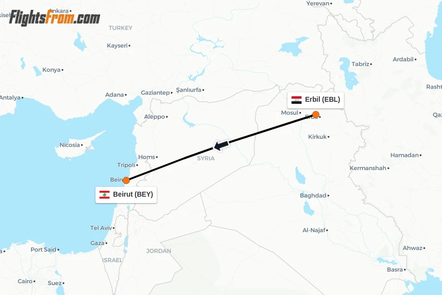 Flights from Erbil to Beirut route map