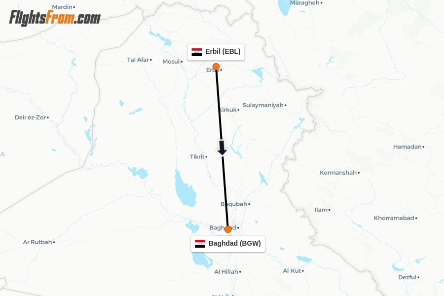 Flights from Erbil to Baghdad route map