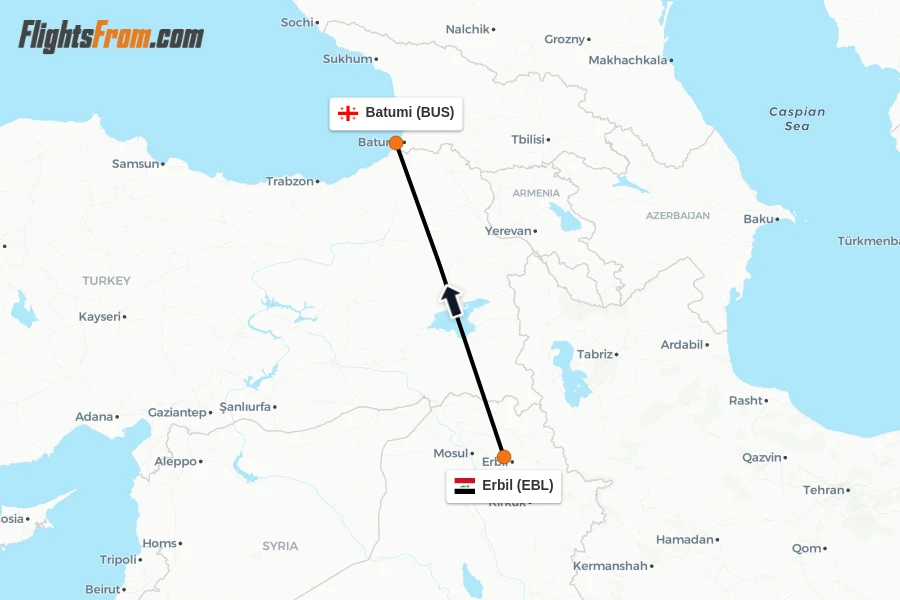 Flights from Erbil to Batumi route map
