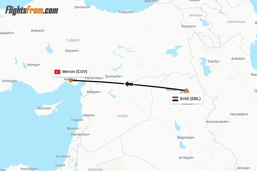 Flights from Erbil to Mersin route map