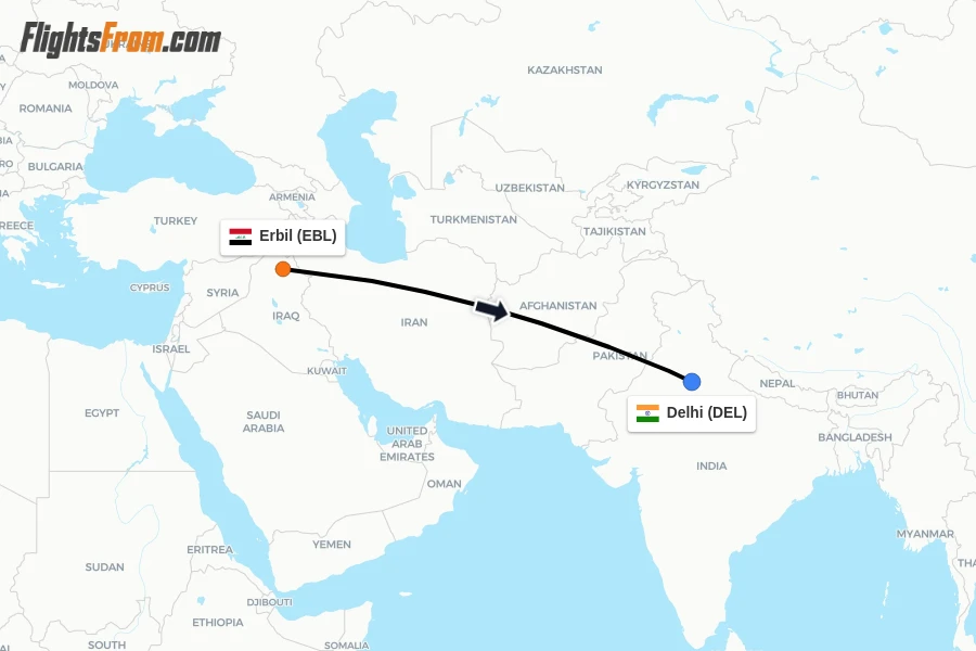 Flights from Erbil to Delhi route map
