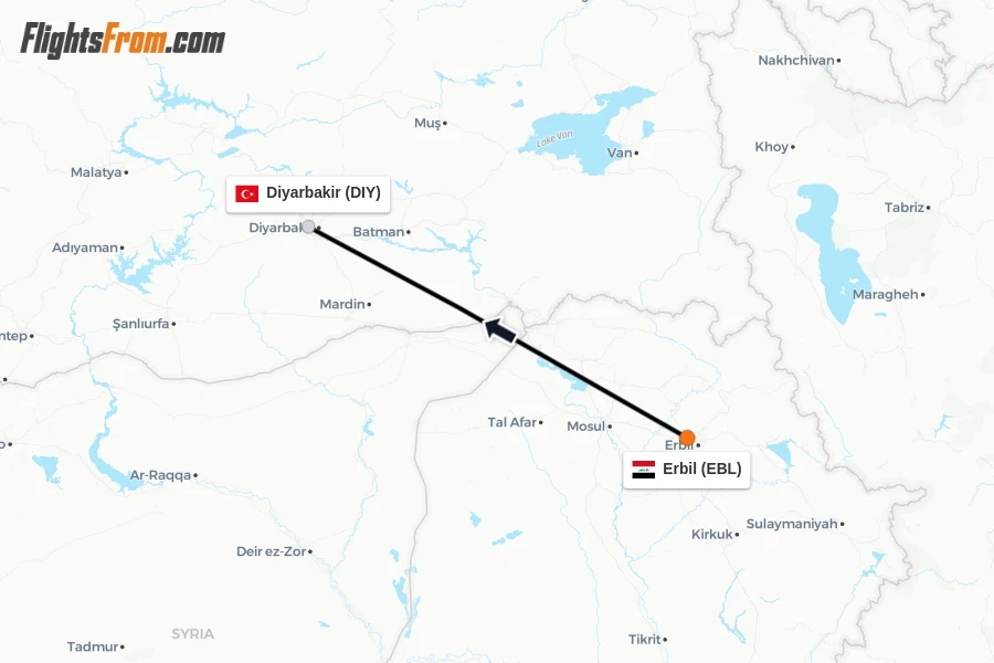 Flights from Erbil to Diyarbakir route map