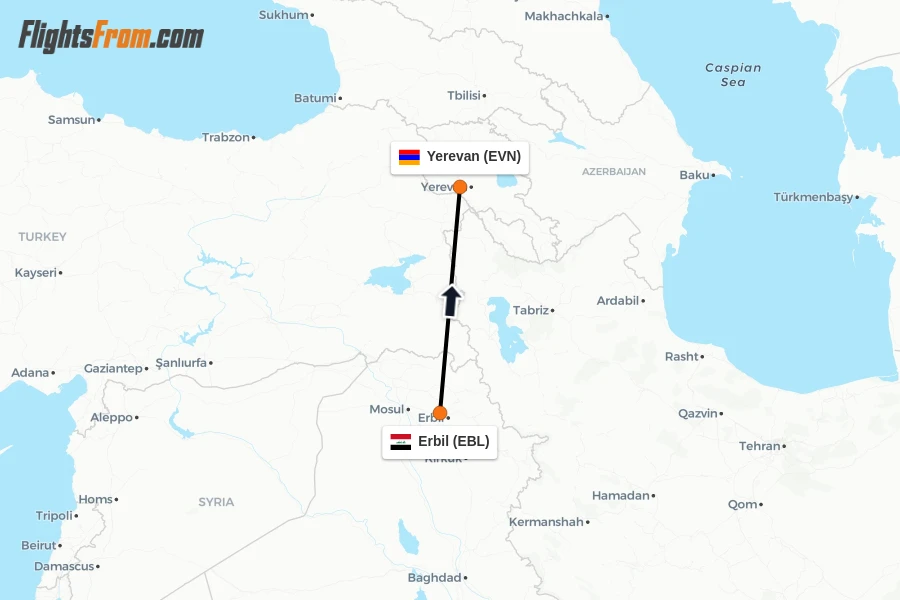 Flights from Erbil to Yerevan route map