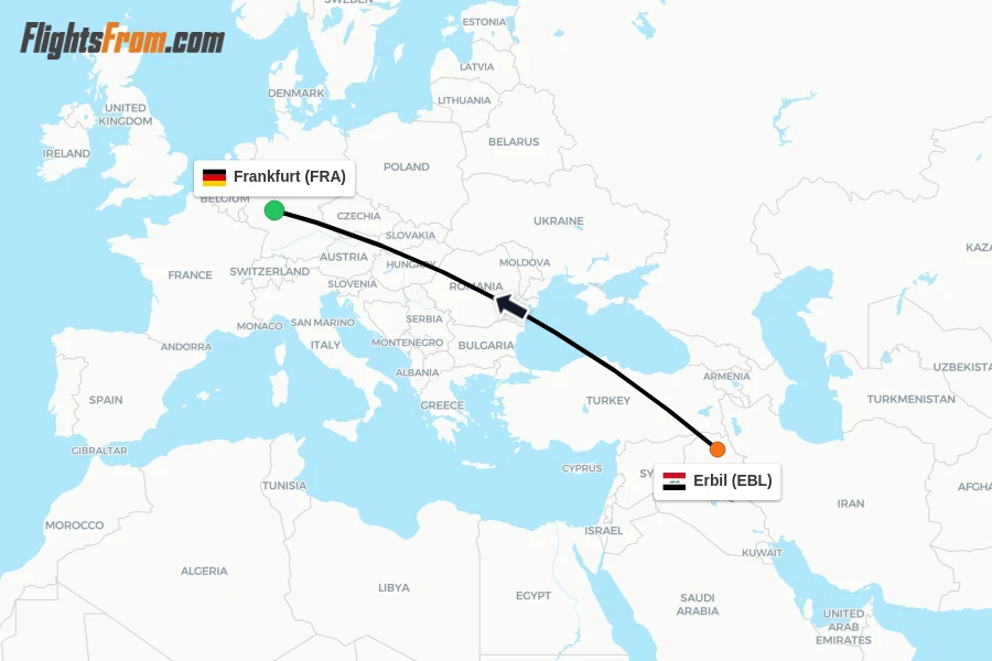 Flights from Erbil to Frankfurt route map