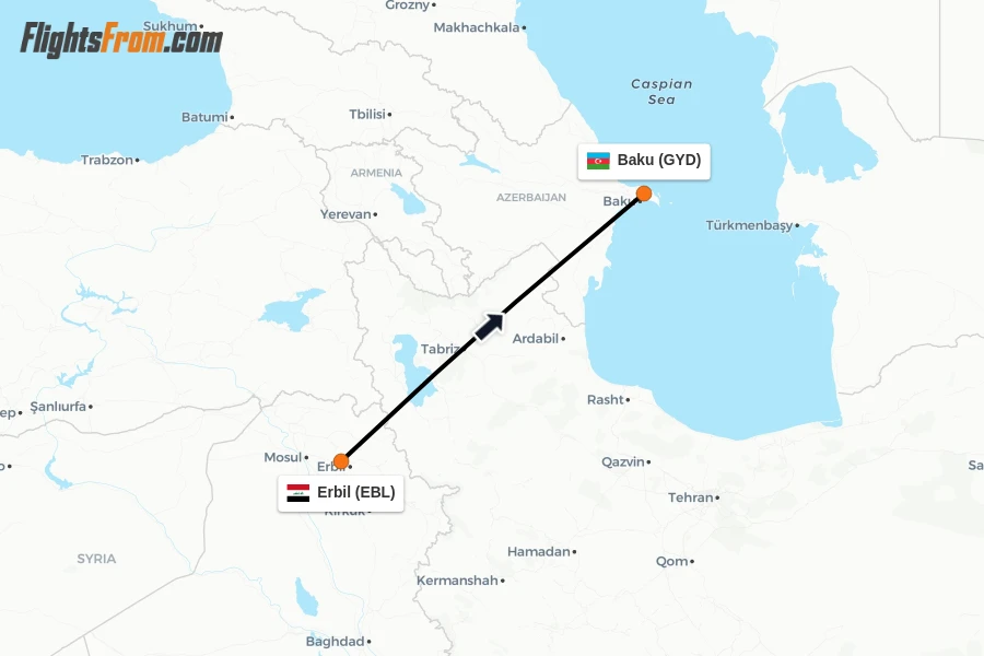 Flights from Erbil to Baku route map