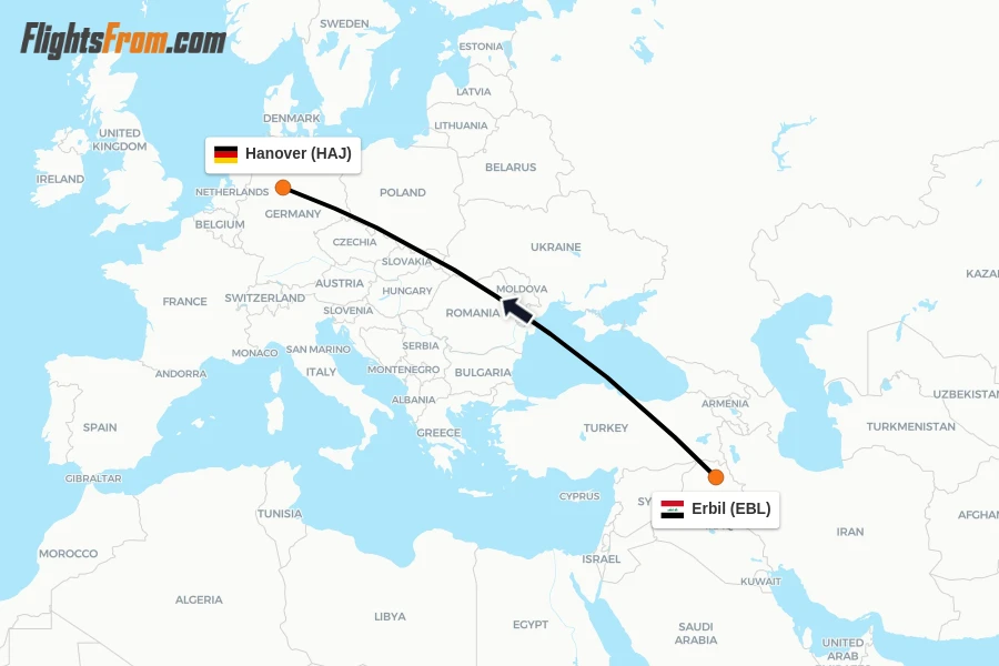 Flights from Erbil to Hanover route map