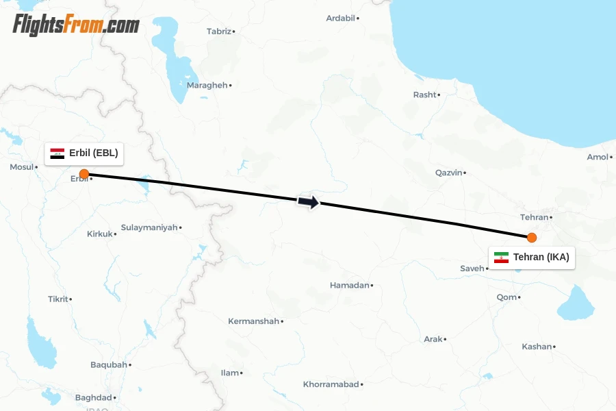 Flights from Erbil to Tehran route map