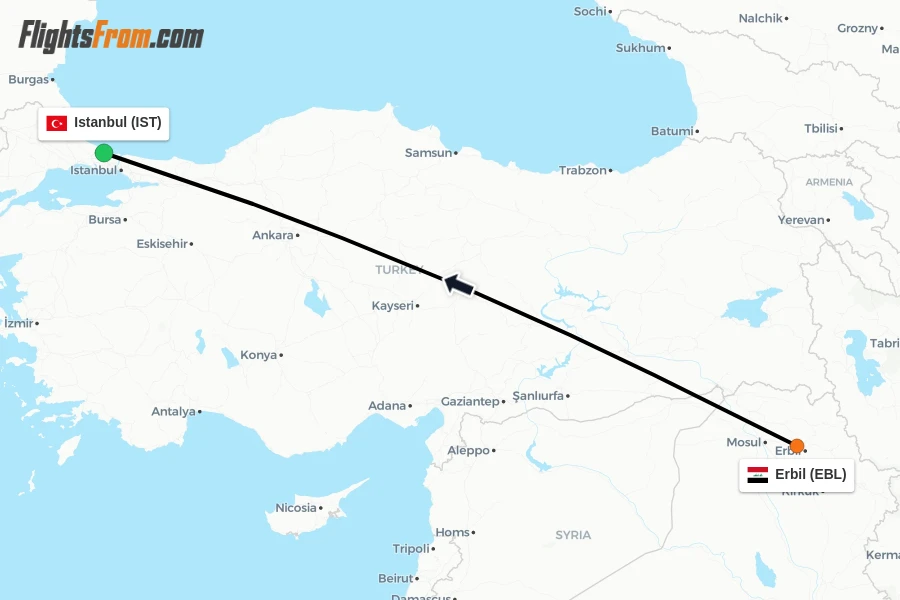 Flights from Erbil to Istanbul route map