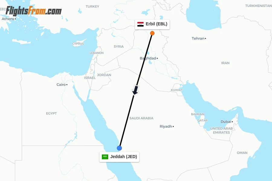 Flights from Erbil to Jeddah route map