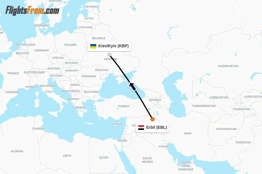 Flights from Erbil to Kiev/Kyiv route map