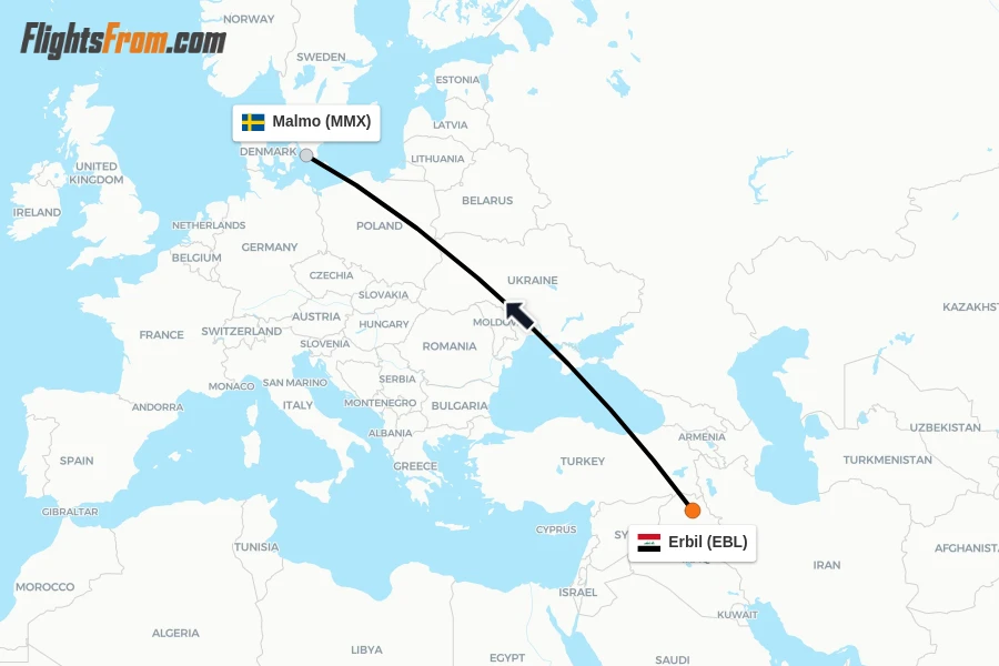 Flights from Erbil to Malmo route map
