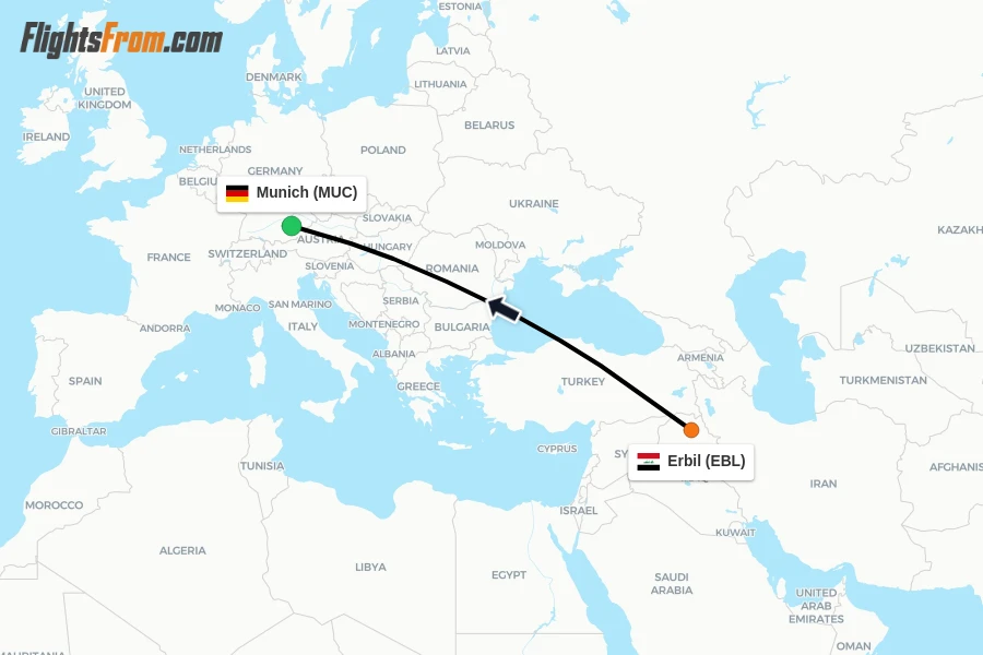 Flights from Erbil to Munich route map