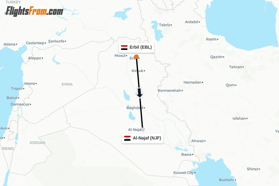 Flights from Erbil to Al-Najaf route map