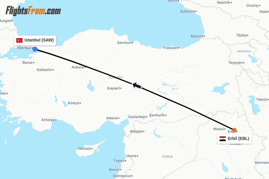 Flights from Erbil to Istanbul route map