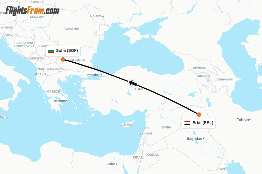 Flights from Erbil to Sofia route map