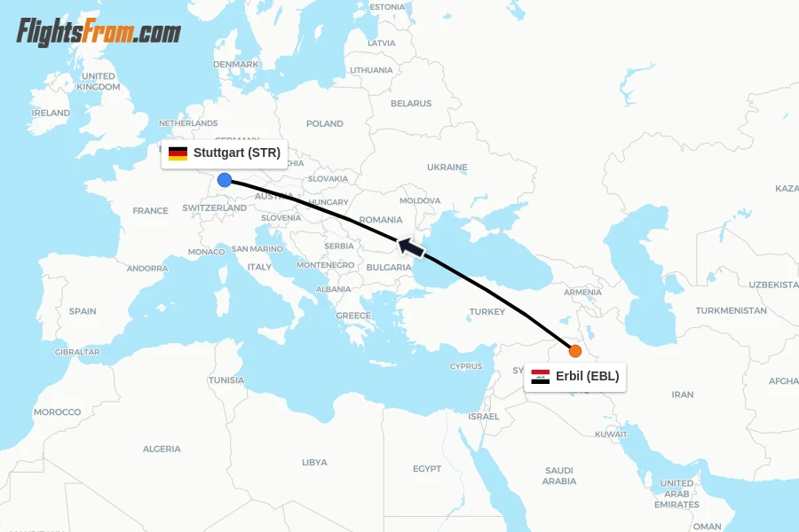 Flights from Erbil to Stuttgart route map