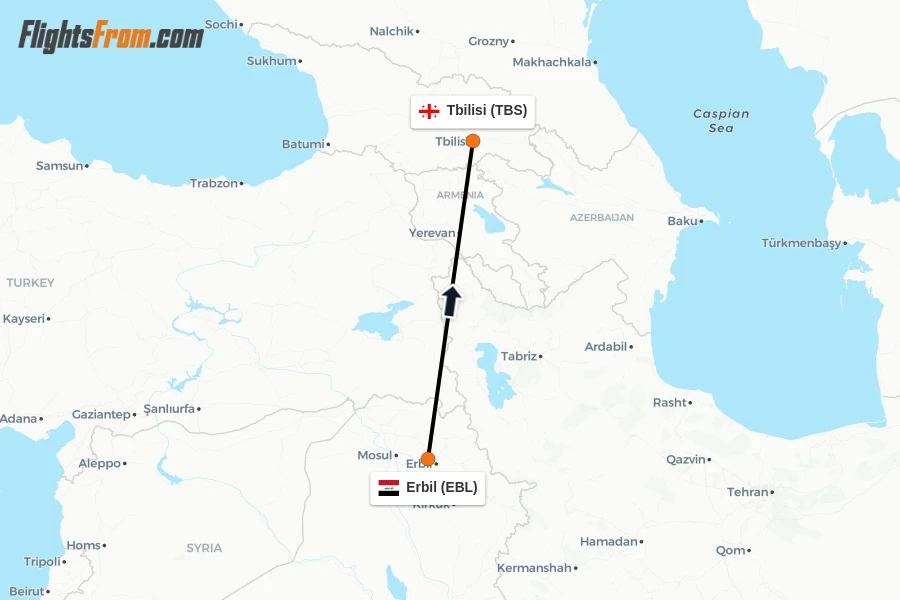 Flights from Erbil to Tbilisi route map