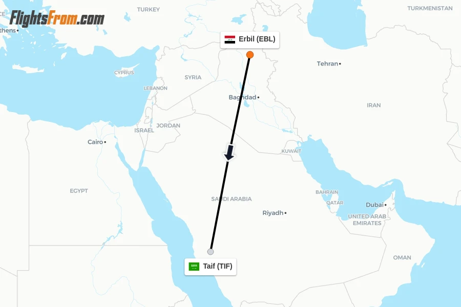 Flights from Erbil to Taif route map