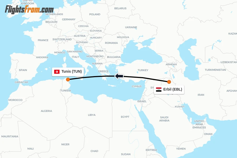 Flights from Erbil to Tunis route map