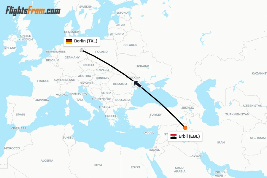Flights from Erbil to Berlin route map