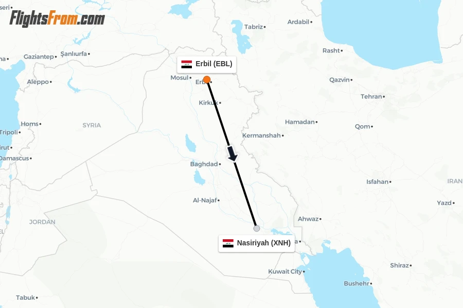 Flights from Erbil to Nasiriyah route map