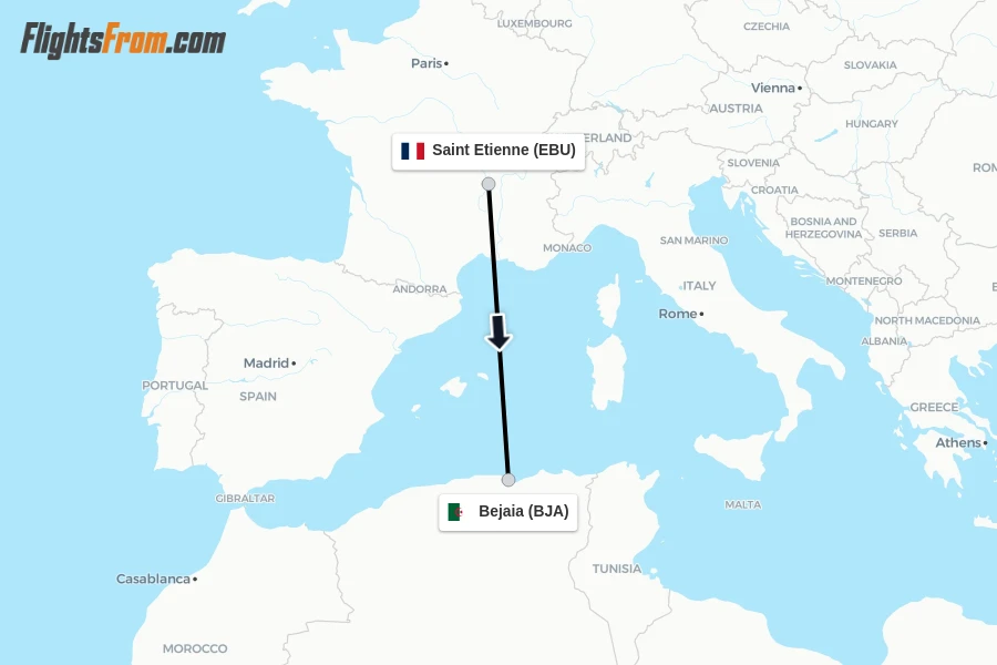 Flights from Saint Etienne to Bejaia route map