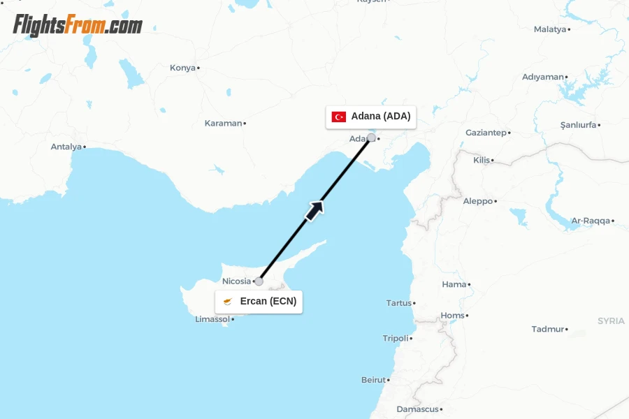 Flights from Ercan to Adana route map