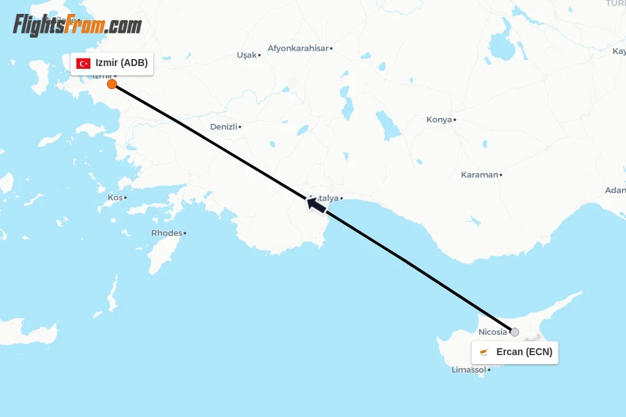 Flights from Ercan to Izmir route map