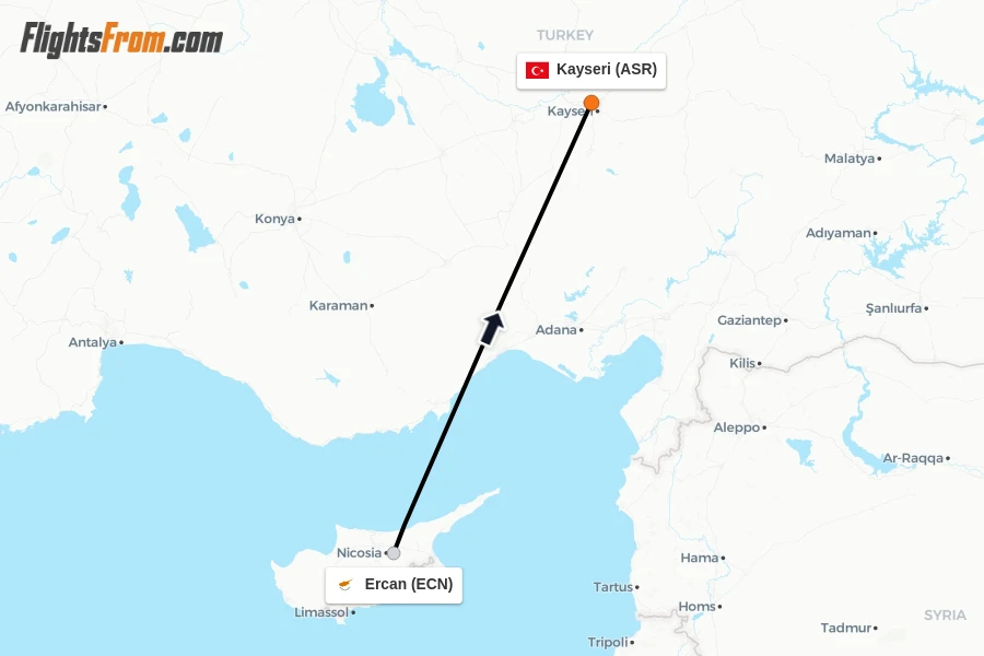 Flights from Ercan to Kayseri route map