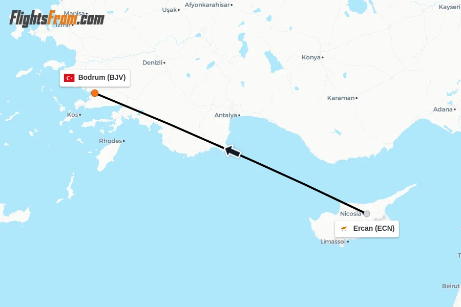 Flights from Ercan to Bodrum route map
