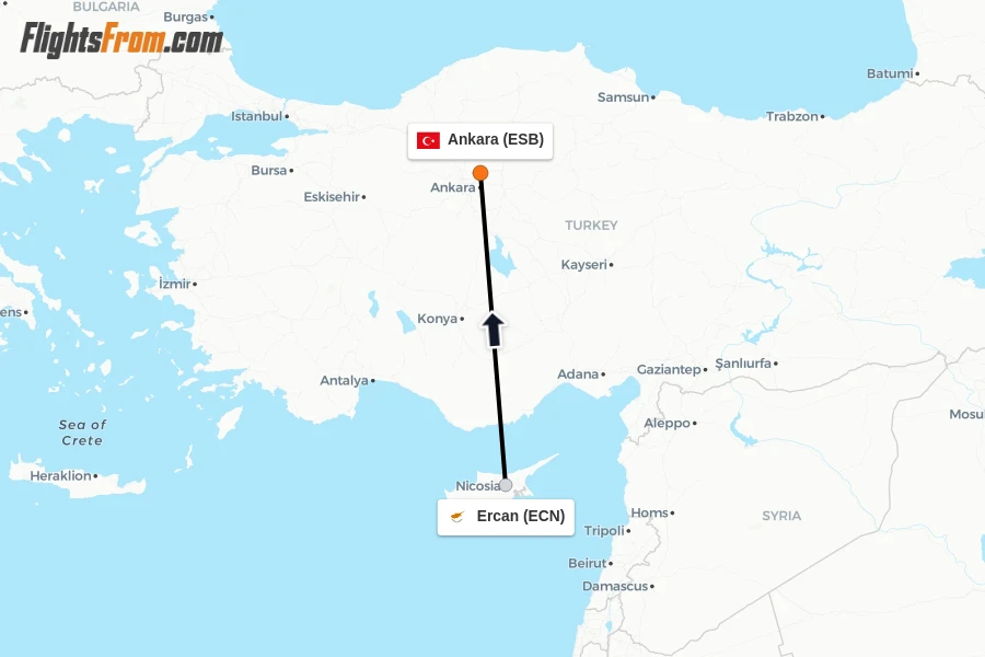 Flights from Ercan to Ankara route map