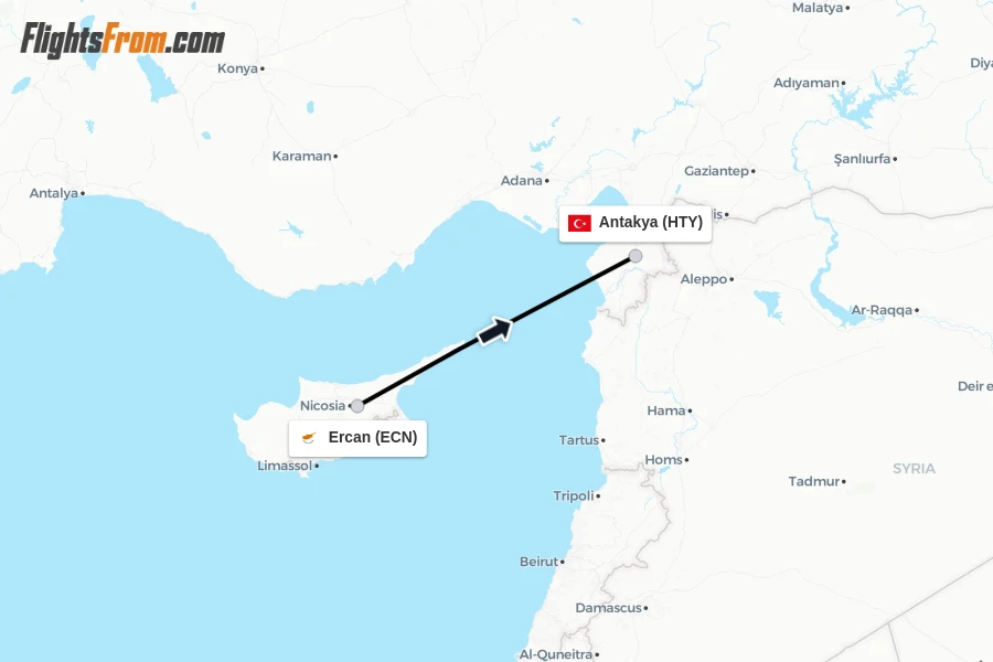 Flights from Ercan to Antakya route map