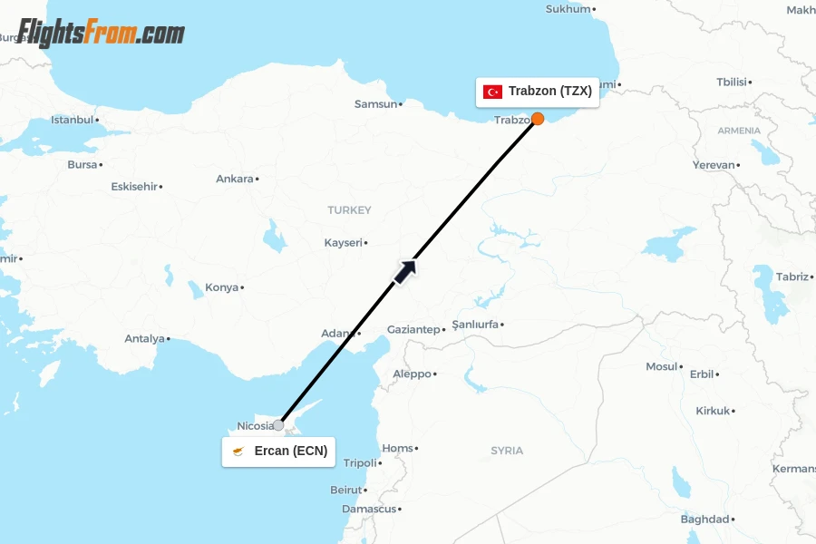Flights from Ercan to Trabzon route map