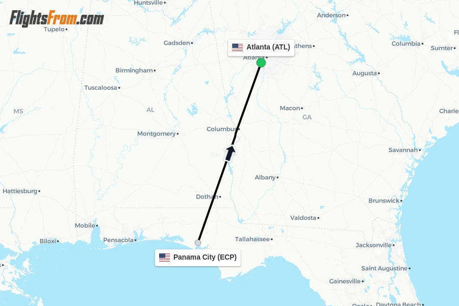 Flights from Panama City to Atlanta route map