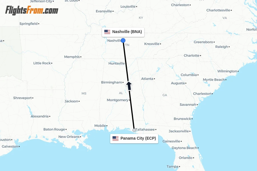 Flights from Panama City to Nashville route map