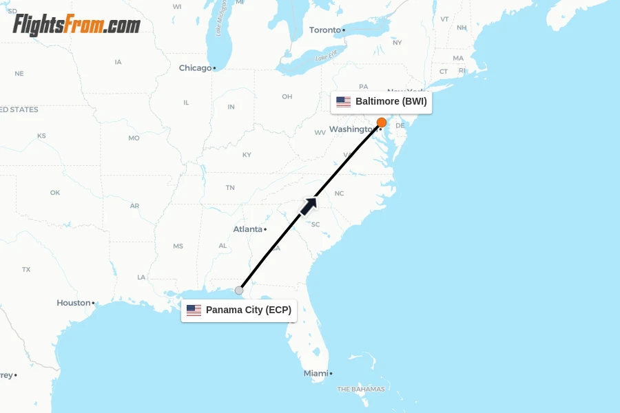 Flights from Panama City to Baltimore route map