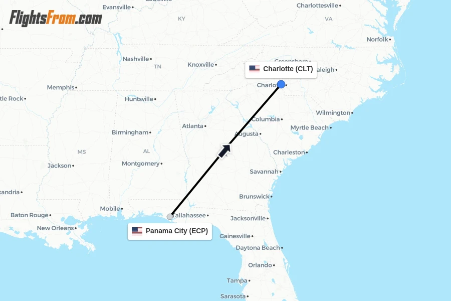 Flights from Panama City to Charlotte route map