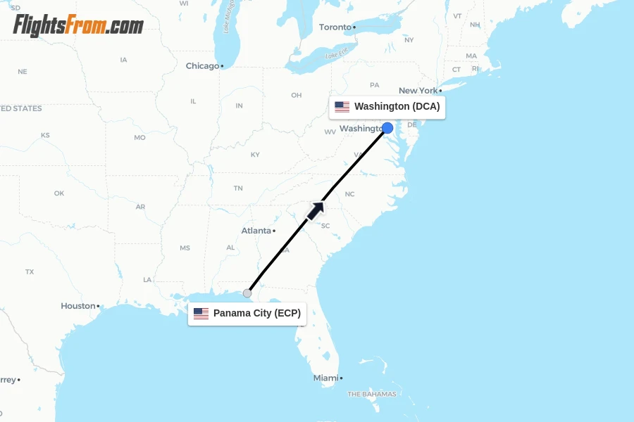 Flights from Panama City to Washington route map