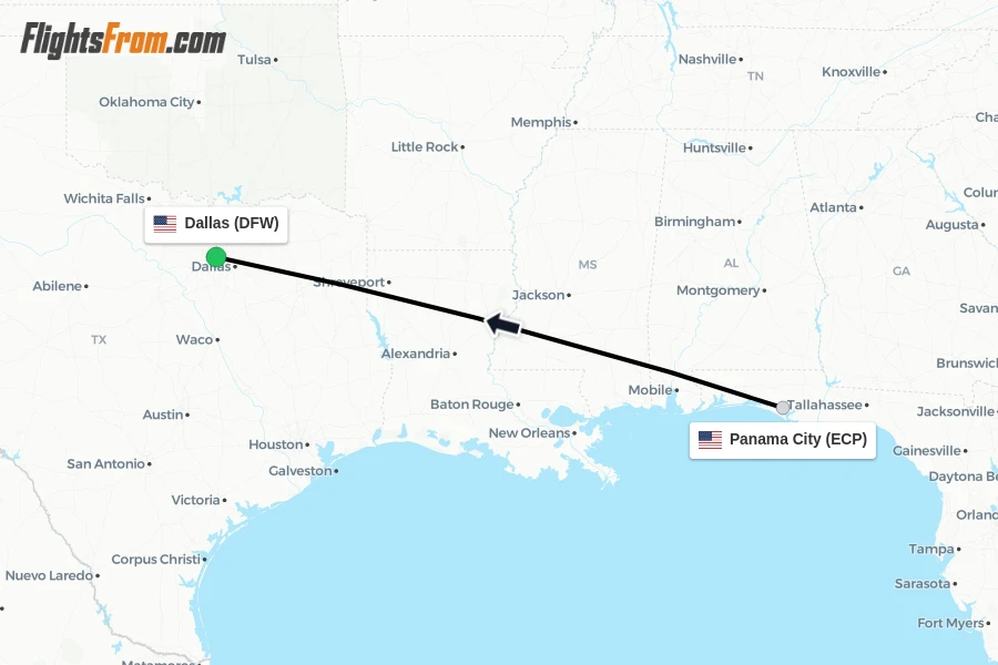 Flights from Panama City to Dallas route map