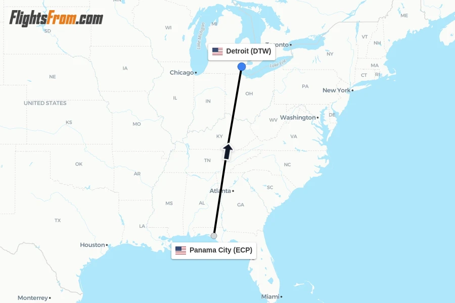 Flights from Panama City to Detroit route map