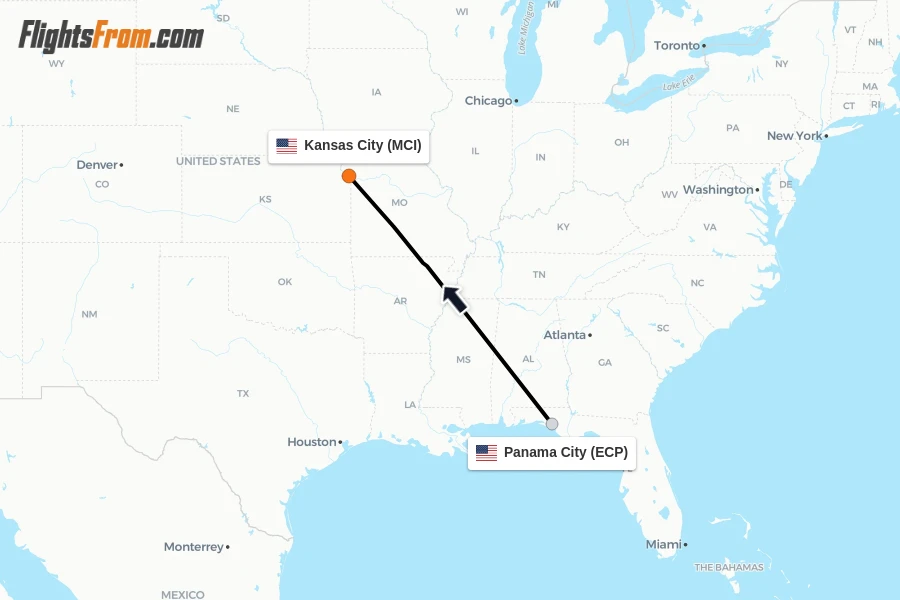 Flights from Panama City to Kansas City route map